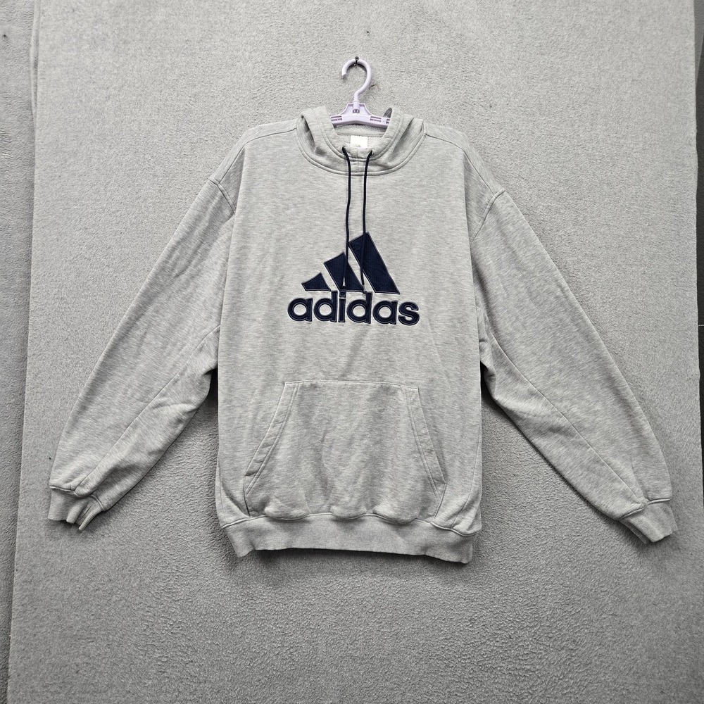 Adidas Men Hoodie XL Gray Embroidered Fleece Activewear Hooded Pockets
